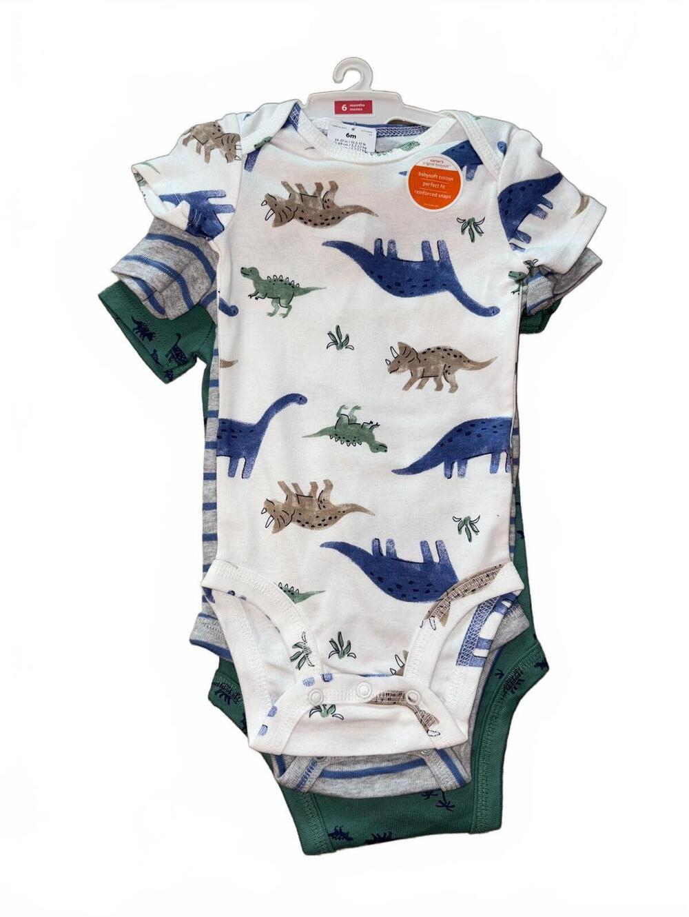 NEW! Carter's Baby Bodysuits 3-Pack, 6 Months, Dinosaur Print & Stripes